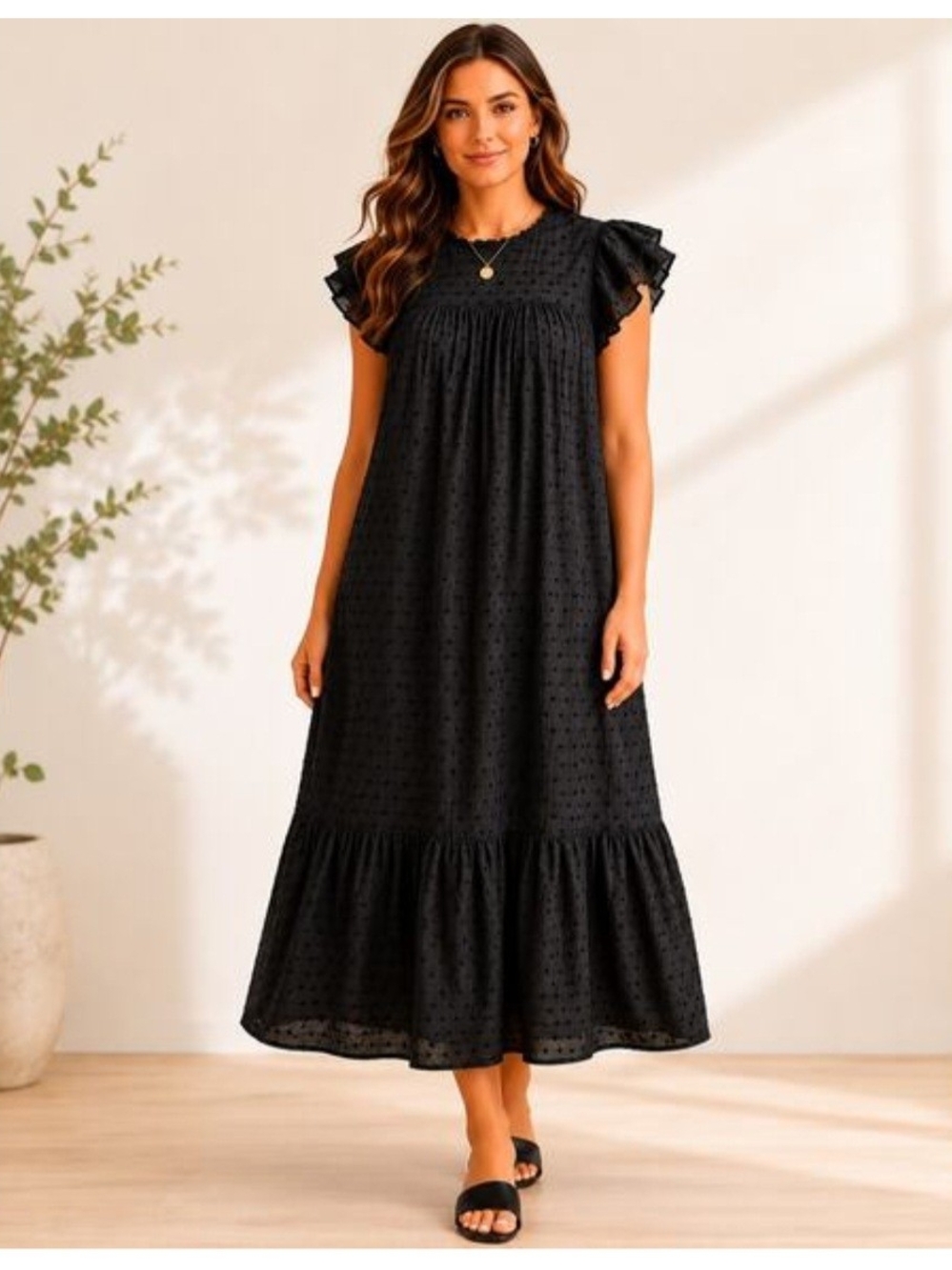 Who What Wear Black Swiss Dot Maxi Dress with Flutter Sleeves